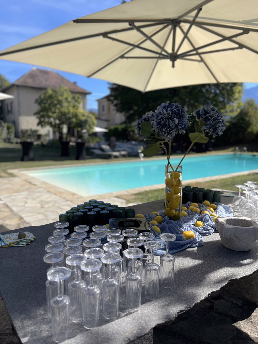 Réception près de la piscine avec fleurs bleues et citrons